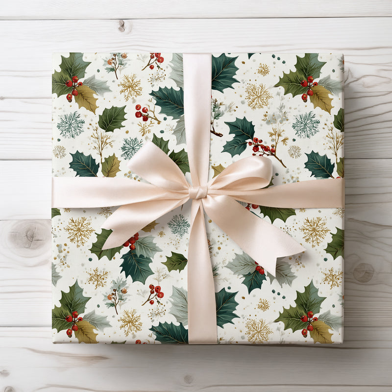 Frostbough - Vintage Holly & Snowflake Wrapping Paper