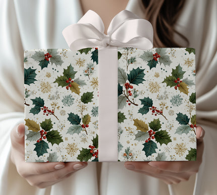 Frostbough - Vintage Holly & Snowflake Wrapping Paper