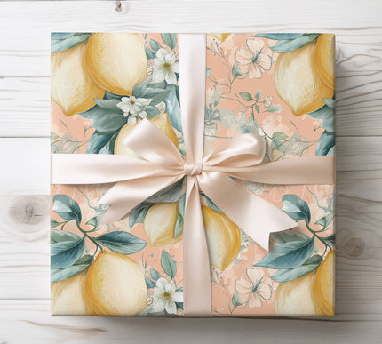 Brighten gifts with Zestvale wrapping paper featuring lemons and floral peach patterns. Perfect for spring, summer, birthdays, and cheerful celebrations. High-quality paper with fresh, lively colors.