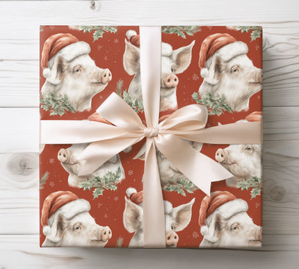 Bring festive fun with SnoutFest wrapping paper, showing cheerful pig faces wearing Santa hats. Ideal for Christmas gifts, holiday parties, and animal lovers. Premium quality paper with colorful festive design.