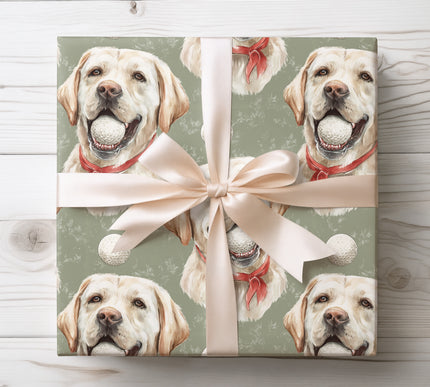 Delight dog and golf fans with SmileyPup wrapping paper, featuring a cheerful Labrador with a golf ball. Ideal for sporty pet-themed gifts and celebrations. Premium paper with playful illustrations.