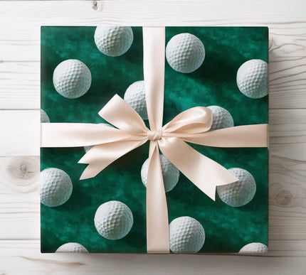 Perfect for golf lovers, Turfroll wrapping paper displays a stylish golf ball pattern over a green watercolor background. Ideal for birthdays, sports gifts, and golf event presents. Durable paper with eye-catching design.