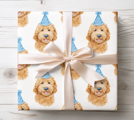Celebrate special moments with Party Pup Bliss wrapping paper featuring a happy Golden Doodle wearing a blue party hat. Perfect for dog birthdays, pet celebrations, and joyful gift presentations. High-quality, vibrant print.