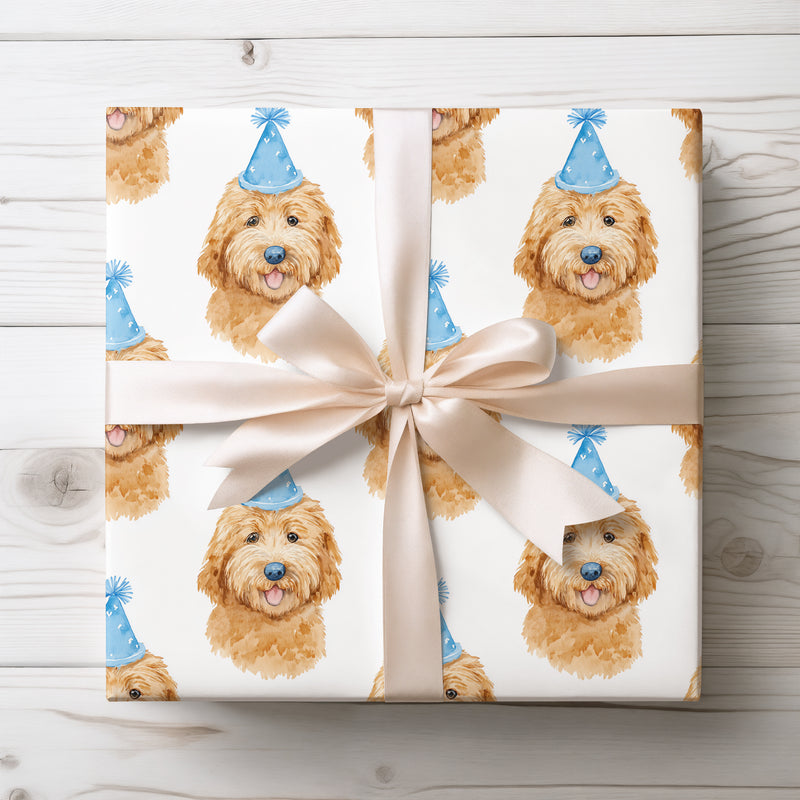 Party Pup Bliss - Golden Doodle with Blue Party Hat Wrapping Paper