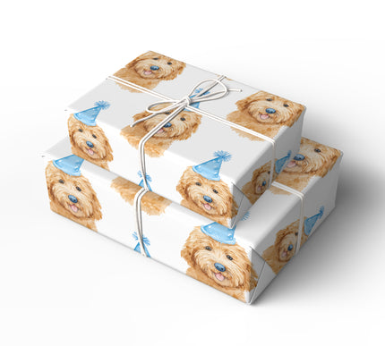 Party Pup Bliss - Golden Doodle with Blue Party Hat Wrapping Paper