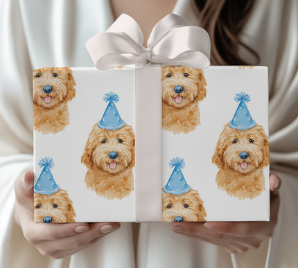 Party Pup Bliss - Golden Doodle with Blue Party Hat Wrapping Paper