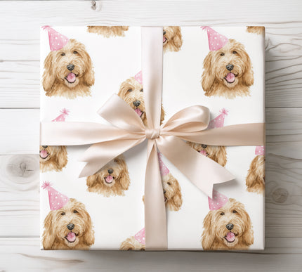 Celebrate birthdays with Paw-ty Time wrapping paper, featuring a playful golden doodle wearing a party hat. Ideal for dog lovers and festive occasions. Durable paper with bright, cheerful illustrations.