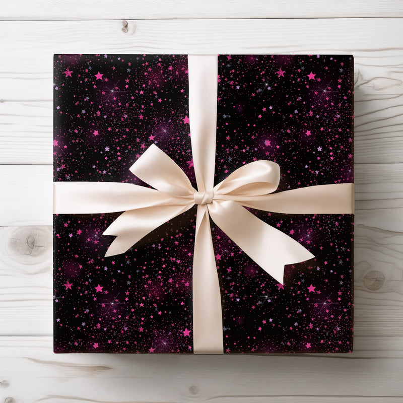 StarBlush – Pink Stars on Black Galaxy Night Wrapping Paper