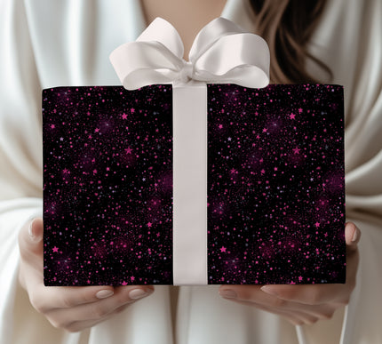 StarBlush – Pink Stars on Black Galaxy Night Wrapping Paper