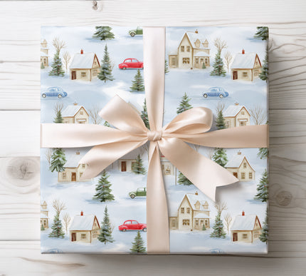 Share the warmth of winter holidays with Snowpine Hamlet wrapping paper. Featuring a cozy snowy village, pine trees, and classic cars, ideal for Christmas and seasonal gifts. Smooth finish with detailed artwork.