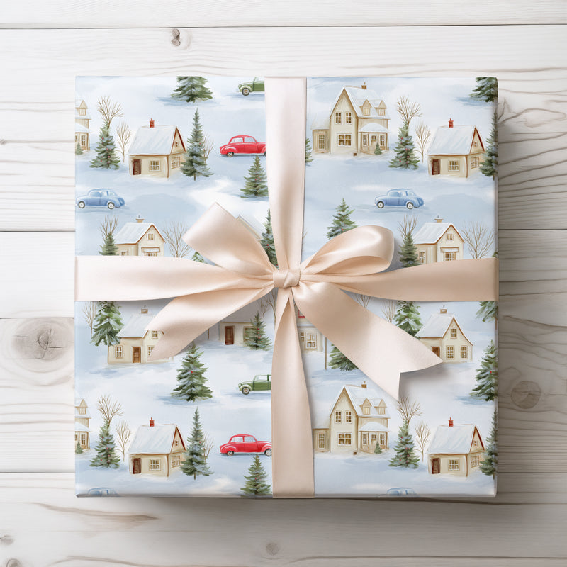 Snowpine Hamlet – Cozy snowy village with pine trees and classic cars wrapping paper