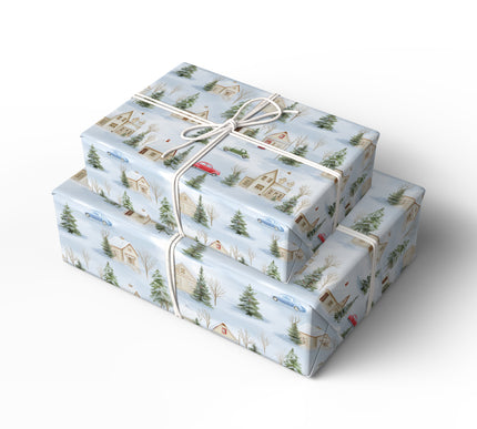 Snowpine Hamlet – Cozy snowy village with pine trees and classic cars wrapping paper