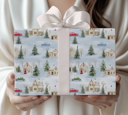 Snowpine Hamlet – Cozy snowy village with pine trees and classic cars wrapping paper