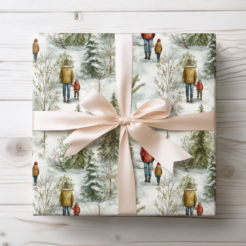 Everwhite Journey – Father & Son Walking in Snowy Forest Wrapping Paper
