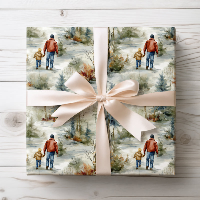 Winter’s Pathway – Father & Son Walking in Snowy Forest Wrapping Paper