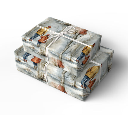 Frostpath Bond – Mother and Daughter Hand in Hand in Snowy Forest Wrapping Paper