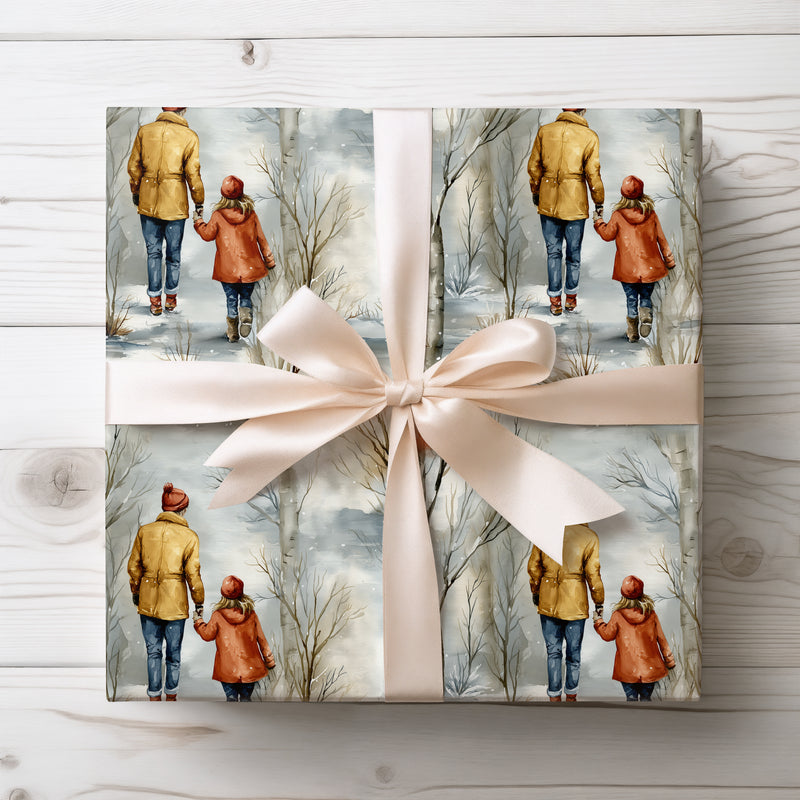 Frostpath Bond – Mother and Daughter Hand in Hand in Snowy Forest Wrapping Paper