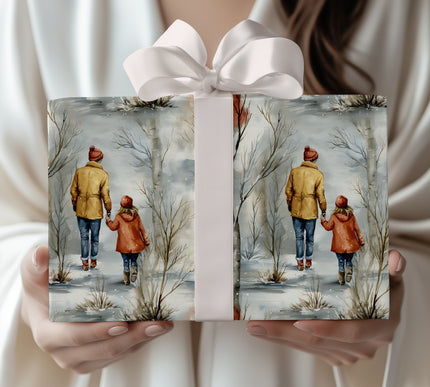 Frostpath Bond – Mother and Daughter Hand in Hand in Snowy Forest Wrapping Paper