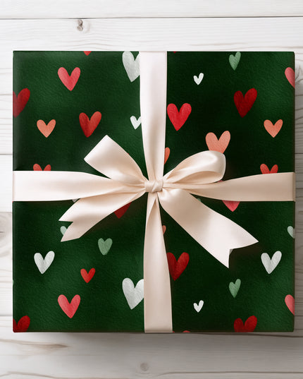 Heartmere – Red and White Hearts on Green Watercolor Wrapping Paper