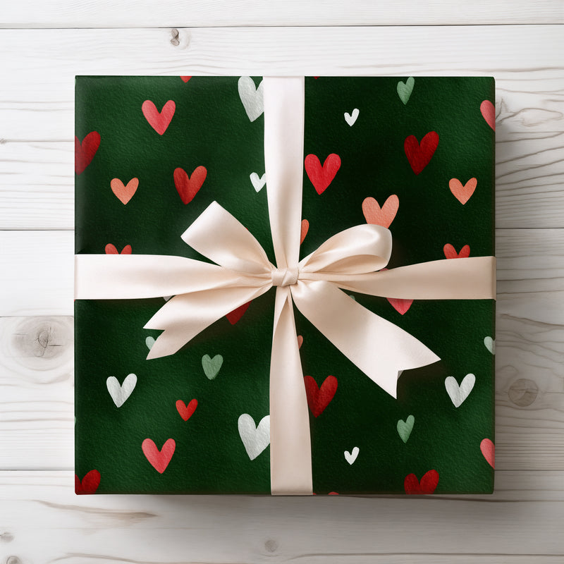 Heartmere – Red and White Hearts on Green Watercolor Wrapping Paper