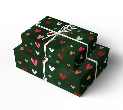 Heartmere – Red and White Hearts on Green Watercolor Wrapping Paper
