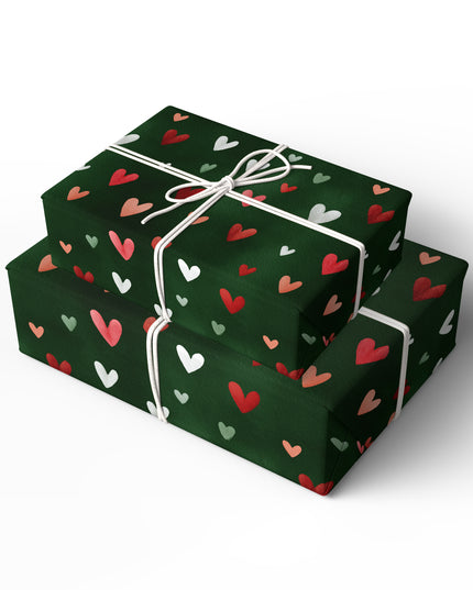 Heartmere – Red and White Hearts on Green Watercolor Wrapping Paper