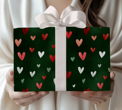 Heartmere – Red and White Hearts on Green Watercolor Wrapping Paper