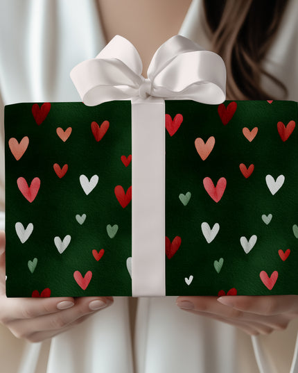 Heartmere – Red and White Hearts on Green Watercolor Wrapping Paper