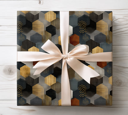 Wrap your gifts in modern elegance with Golden Nexus Mosaic wrapping paper. Featuring a sophisticated gold hexagon mosaic pattern, this gift wrap is perfect for birthdays, weddings, and stylish celebrations. High-quality paper with metallic sheen.