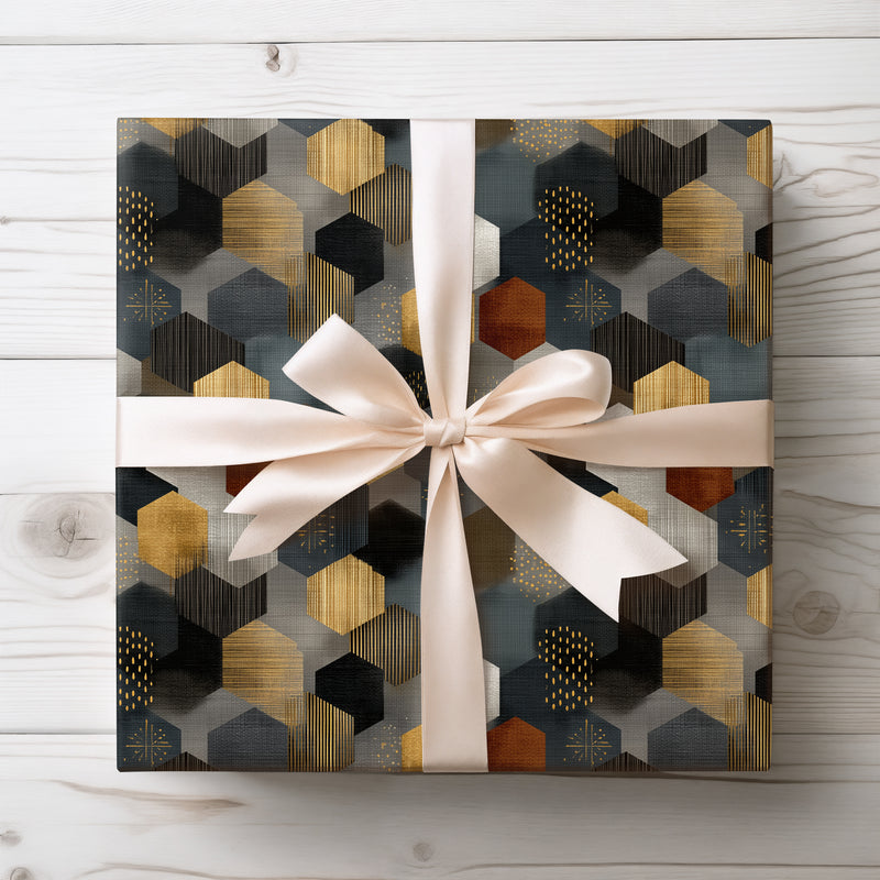 Golden Nexus Mosaic – modern hexagon gift wrap