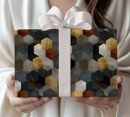 Golden Nexus Mosaic – modern hexagon gift wrap