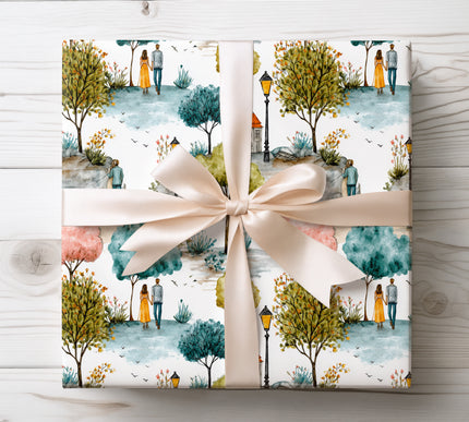 Capture the magic of a romantic evening stroll with Starlit Promenade wrapping paper. Beautifully illustrated park scenes under starlit skies make it perfect for anniversaries, weddings, and heartfelt gifts. Soft texture, premium print.