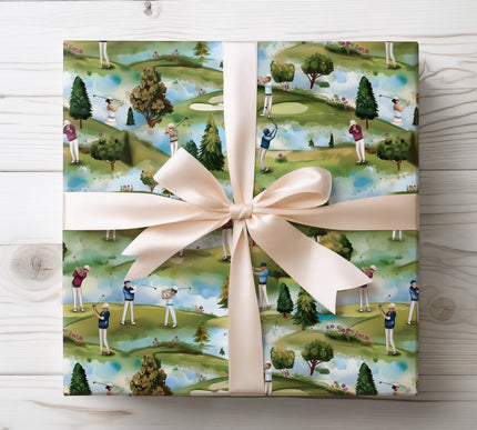 Perfect for golf lovers, Greenglance wrapping paper depicts serene golf course scenes with players in action. A classy choice for sports-related gifts, tournaments, or golf fan celebrations. Smooth finish and premium quality.