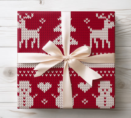 Bring timeless Christmas tradition with Nordic Hearth, a red knit reindeer wrapping paper inspired by cozy Nordic sweaters. Ideal for festive gift-giving, family gatherings, or rustic winter themes. Available in glossy or matte finishes for a perfect holiday presentation. 