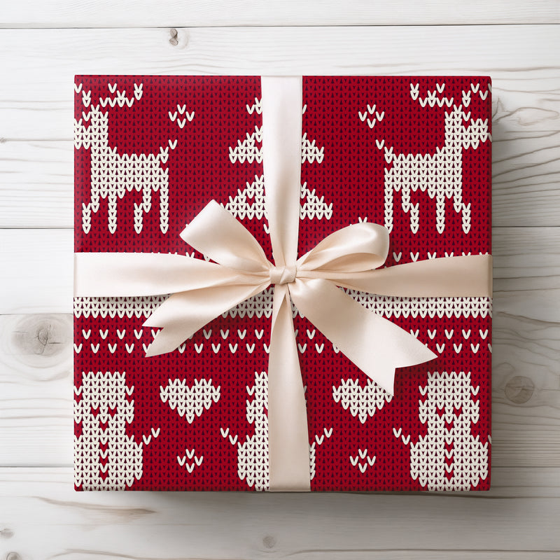 Nordic Hearth - Red Christmas Knit Reindeer Wrapping Paper