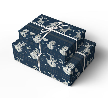 Add rustic holiday charm with Midnight Lodge, featuring classic Nordic knit reindeer patterns in winter blue. A perfect Christmas wrapping paper for cozy cabin vibes, festive gatherings, or woodland-inspired décor. Durable, premium-quality wrap ensures your gifts stand out. 