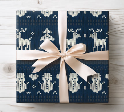 Add rustic holiday charm with Midnight Lodge, featuring classic Nordic knit reindeer patterns in winter blue. A perfect Christmas wrapping paper for cozy cabin vibes, festive gatherings, or woodland-inspired décor. Durable, premium-quality wrap ensures your gifts stand out. 