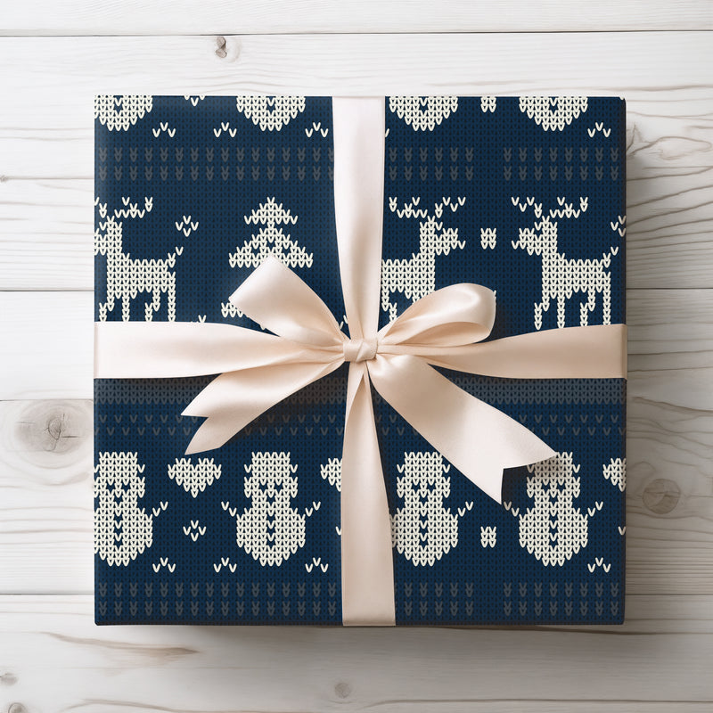Midnight Lodge - Blue Christmas Knit Reindeer Wrapping Paper