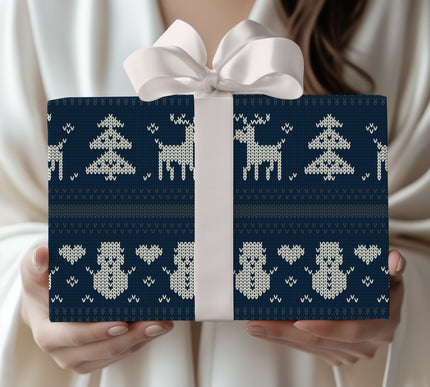 Add rustic holiday charm with Midnight Lodge, featuring classic Nordic knit reindeer patterns in winter blue. A perfect Christmas wrapping paper for cozy cabin vibes, festive gatherings, or woodland-inspired décor. Durable, premium-quality wrap ensures your gifts stand out. 