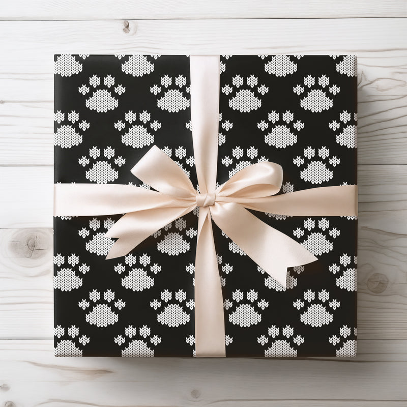 Arctic Paws - Black and White Knit Paw Print Wrapping Paper