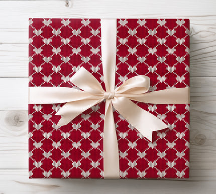 Crimora – Festive Red Knit Wrapping Paper with White Hearts