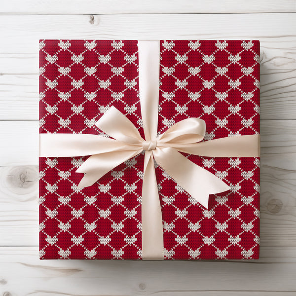 Crimora – Festive Red Knit Wrapping Paper with White Hearts