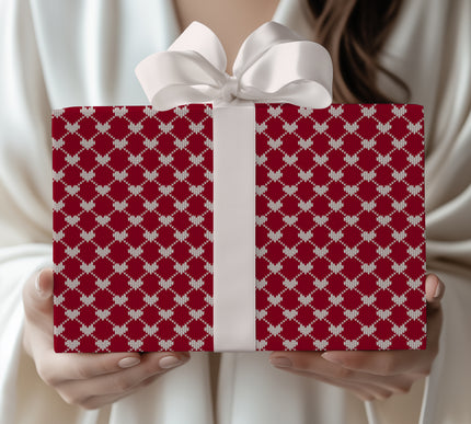 Crimora – Festive Red Knit Wrapping Paper with White Hearts