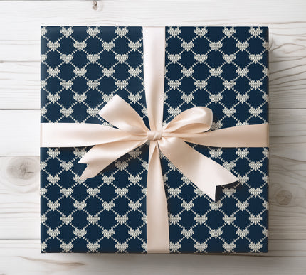 Midnight Embrace – Knitted Heart Pattern Wrapping Paper (Navy & White)