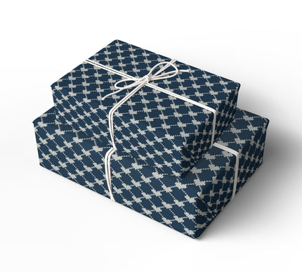 Midnight Embrace – Knitted Heart Pattern Wrapping Paper (Navy & White)