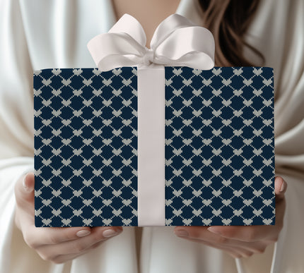 Midnight Embrace – Knitted Heart Pattern Wrapping Paper (Navy & White)