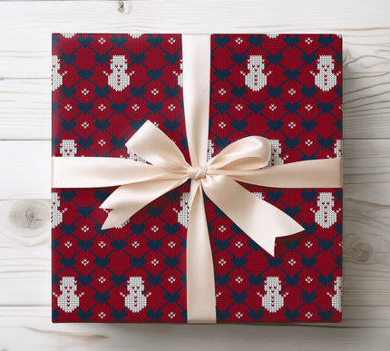 Frostheart Merriment – Knitted Snowman & Heart Wrapping Paper (Red & Blue)