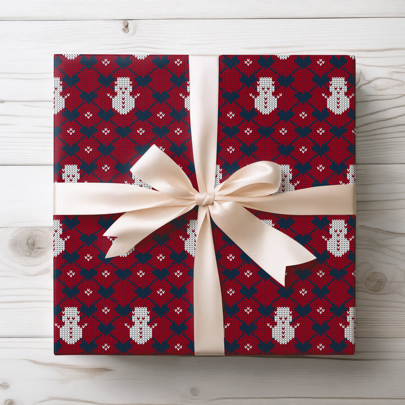 Frostheart Merriment – Knitted Snowman & Heart Wrapping Paper (Red & Blue)