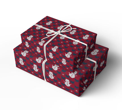 Frostheart Merriment – Knitted Snowman & Heart Wrapping Paper (Red & Blue)