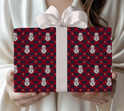 Frostheart Merriment – Knitted Snowman & Heart Wrapping Paper (Red & Blue)